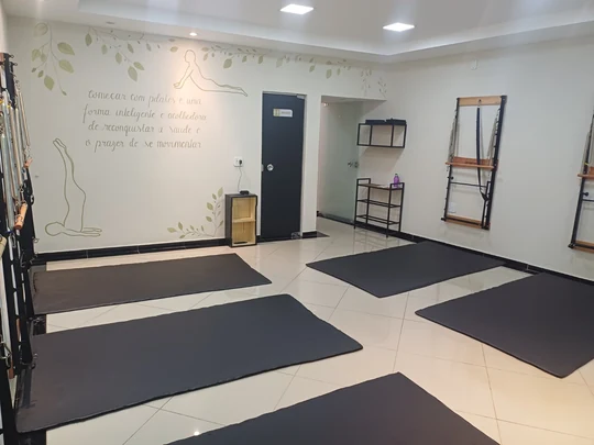 Sala de Pilates com equipamentos e decoração do Studio Emilly Rodrigues